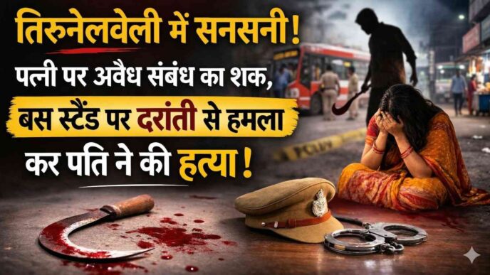 तिरुनेलवेली बस स्टैंड पर पत्नी की हत्या के मामले में पुलिस जांच करती हुई